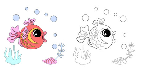 Coloring book Goldfish with shells, bubbles and algae in the ocean. For posters, prints on clothes.