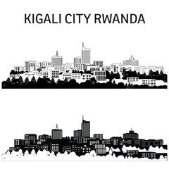 Naklejka premium Kigali cityscape vector featuring sleek silhouettes. Perfect for print and digital projects, this editable skyline captures Rwanda's vibrant urban essence with precision and style