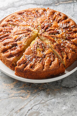 Eplekake is a delicious, one-bowl cinnamon apple cake that is the kind of thing fall dreams are made of close-up on a plate on the table. Vertical