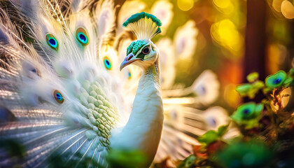 Portrait of a beautiful white peacock showing its multicolored tail. Generative Ai. © Alberto Masnovo