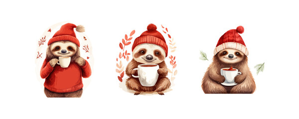 Cute smiling sloth in a red knitted hat and with a cup. Vector illustration design. - obrazy, fototapety, plakaty