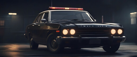police classic car facing the camera, minimalist, deadpan, banal, cool, clinical, urban, iconic, conceptual, subversive, sparse, restrained, symbol