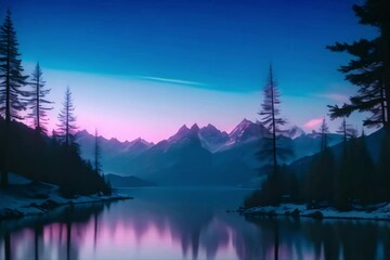 sunrise over the lake in dark winter season. Virtual cinematic video scene animated background - Powered by Adobe