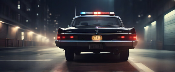 Fototapeta premium police classic car facing the camera, minimalist, deadpan, banal, cool, clinical, urban, iconic, conceptual, subversive, sparse, restrained, symbol