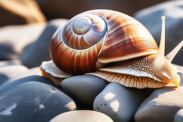 A large snail with a beautiful brown shell on gray sea stones. - Powered by Adobe