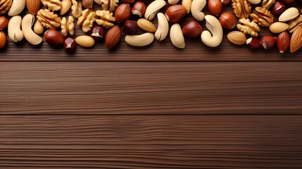 Mix of nuts on brown wooden table, flat lay. Space for text