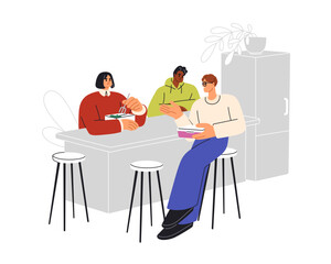 Office workers at lunch break. Colleagues sitting at dining table, having meal together, talking. Employees eat food at corporate kitchen. Flat graphic vector illustration isolated on white background