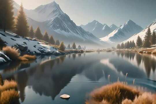 breathtaking lake in the morning. Virtual cinematic video scene animated background