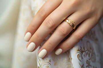 Close up of a hand with perfect ornate hand painted wedding manicure in gold and ivory colors, nail salon ad