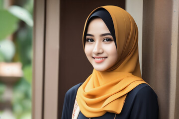 Minang Mädchen trägt einen Hijab und normale Klamotten auserhalb des Hauses . KI Generated - obrazy, fototapety, plakaty