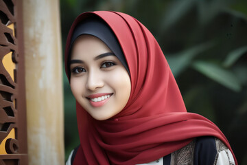 Minang Mädchen trägt einen Hijab und normale Klamotten auserhalb des Hauses . KI Generated - obrazy, fototapety, plakaty