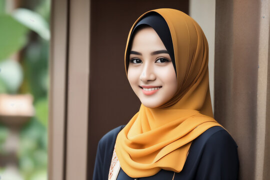 Minang M&auml;dchen tr&auml;gt einen Hijab und normale Klamotten auserhalb des Hauses . KI Generated