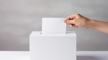 The person places a ballot for the election of president, senator or deputy into a white ballot box. - obrazy, fototapety, plakaty