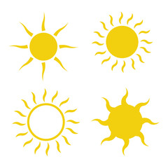 Sun, sun icons set of 4 in yellow color isolated on white background. Sun icon in flat design. Vector illustration for cartoon design. Vector.