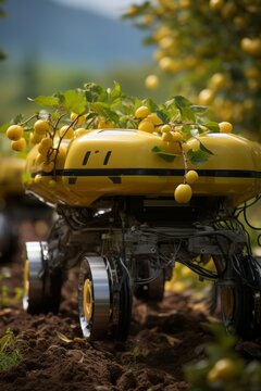 Robotic fruit picker harvesting apples in an orchard, Generative AI