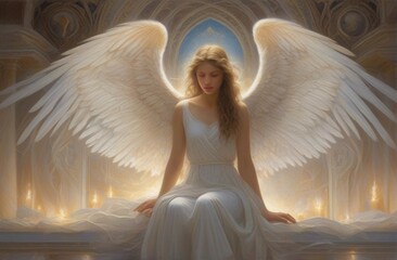 angel with wings, sublime portrayal, an angel draped in a pristine, luminescent cloak captivates the viewer from AI Generated