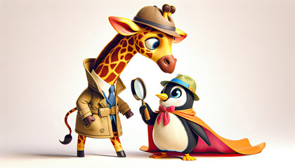 Detective giraffe and a Superhero penguin - obrazy, fototapety, plakaty