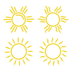 Sun, sun icons set of 4 in yellow color isolated on white background. Sun icon in flat design. Vector illustration for cartoon design. Vector.
