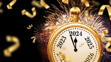 Beautiful vintage gold clock arrows point to 2024 New Year with golden confetti and fireworks,...