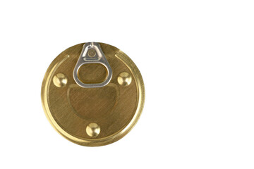 Round canner lid with gold-coloured can opener. Transparent background. PNG.
