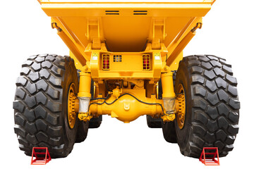 Mining dump truck, yellow, rear view. isolated white background. Transparent background. PNG.