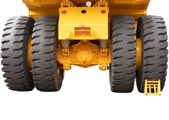 Mining dump truck, yellow, rear view. isolated white background. Transparent background. PNG.