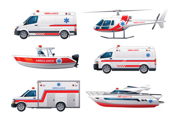 Set of ambulance emergency vehicles. Official emergency service vehicles side view vector illustration © YG Studio