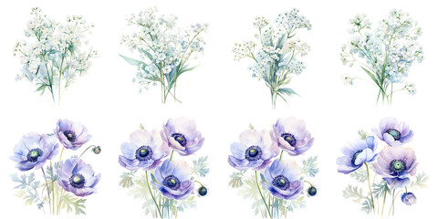 watercolor baby's breath flowers and anemone flowers Artificial Intelligence Generative - obrazy, fototapety, plakaty