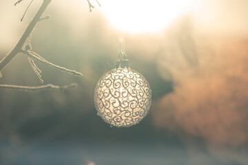 Christmas ball on tree outdoors, creative photo, new year, christmas