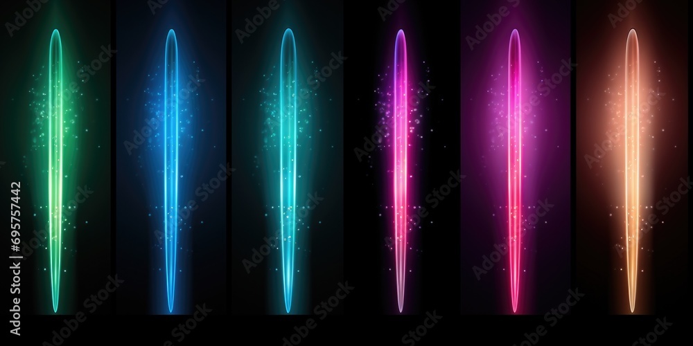 Poster A captivating image of a set of neon lights shining brightly against a black background. Perfect for adding a vibrant and modern touch to any design or project