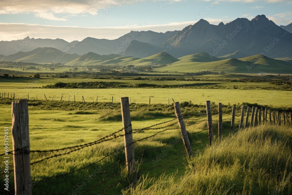 Poster a picture of a fence in a field with majestic mountains in the background. perfect for nature and la