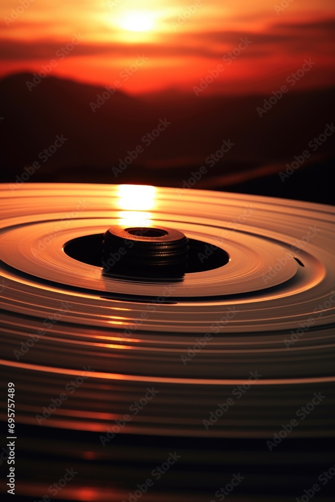 Poster a close-up view of a disc with a beautiful sunset in the background. perfect for nature and landscap