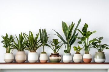 A row of potted plants displayed on a shelf. Perfect for adding greenery and a touch of nature to any indoor space