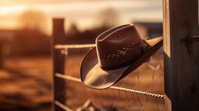A cowboy hat hanging on a fence. Suitable for Western-themed designs or representing the rugged outdoors