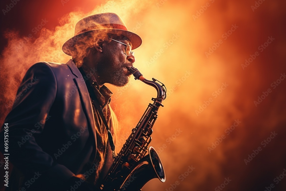 Poster A man dressed in a suit and hat playing a saxophone. Ideal for music-themed designs and advertisements