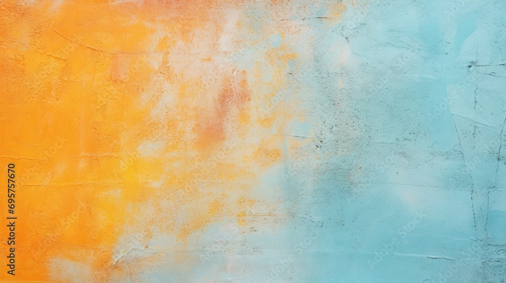 Poster A vibrant orange and blue painted wall featuring a clock. This image can be used to add a pop of color and a modern touch to any design project