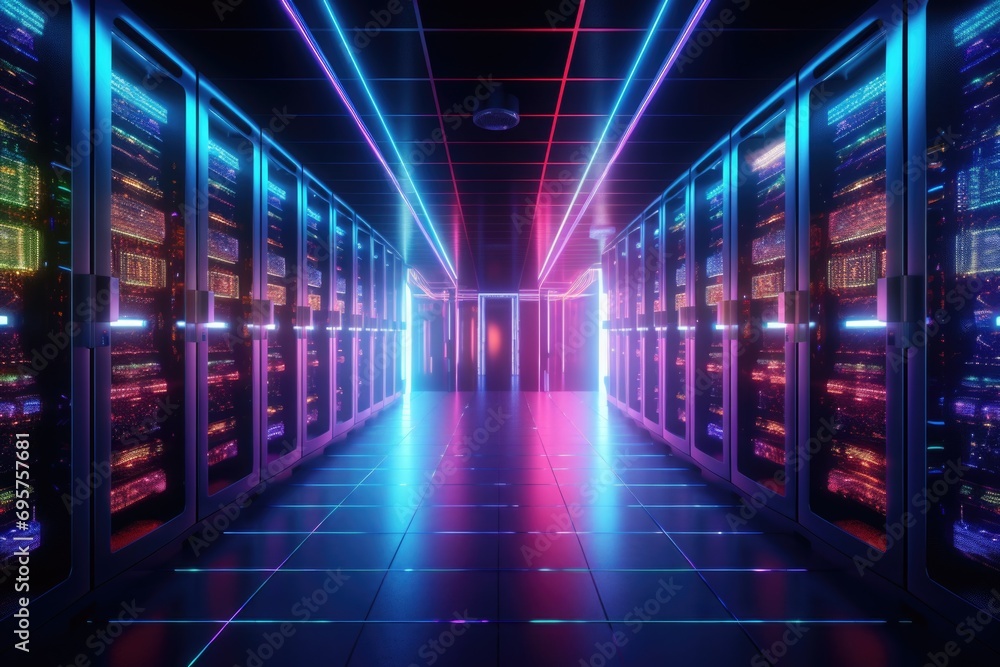 Aufkleber A picture of a long hallway with rows of servers and neon lights. Can be used to depict a futuristic technology setting