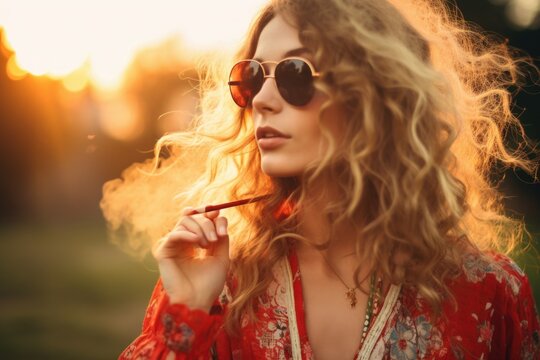 A woman is pictured wearing sunglasses and smoking a cigarette. This image can be used to depict a cool and edgy lifestyle