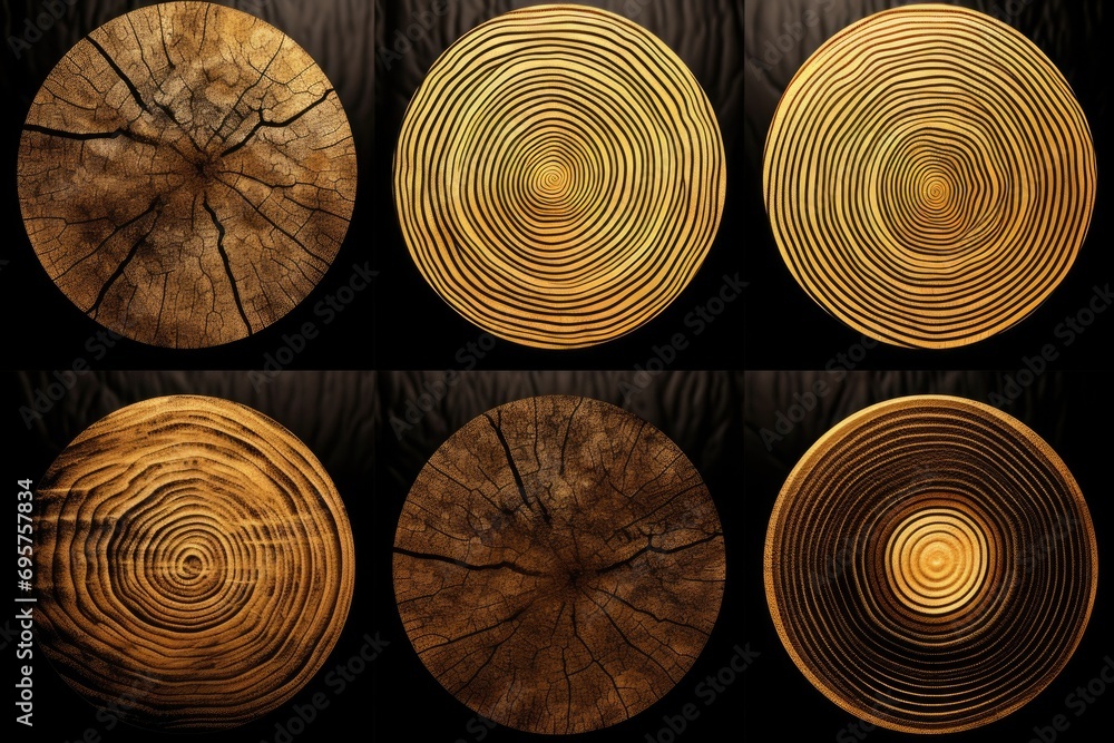 Poster Four wooden circles arranged on a black background. Versatile image suitable for various design projects