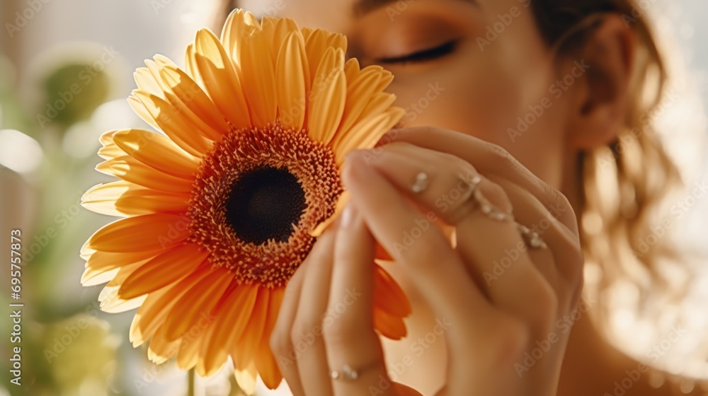 Poster a close-up shot of a person holding a flower. suitable for various uses