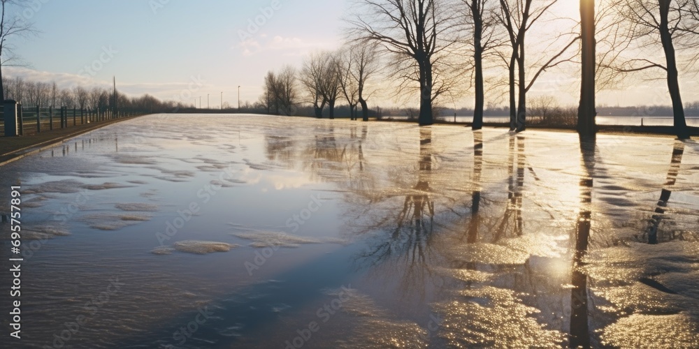Poster a puddle of water on a road with trees in the background. perfect for illustrating rainy weather con
