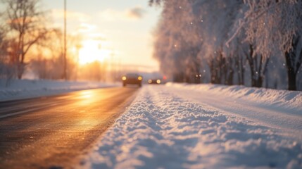 Fototapeta na wymiar A car driving down a snow covered road. Perfect for winter travel and scenic road trip concepts