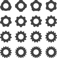 Gear setting vector icon set. Progress or construction concept. Isolated black gears mechanism and cog wheel. Cogwheel icons UI vector.