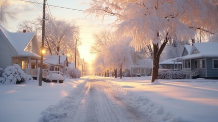 A snow covered street in a residential area, perfect for winter scenes and holiday themed designs - obrazy, fototapety, plakaty