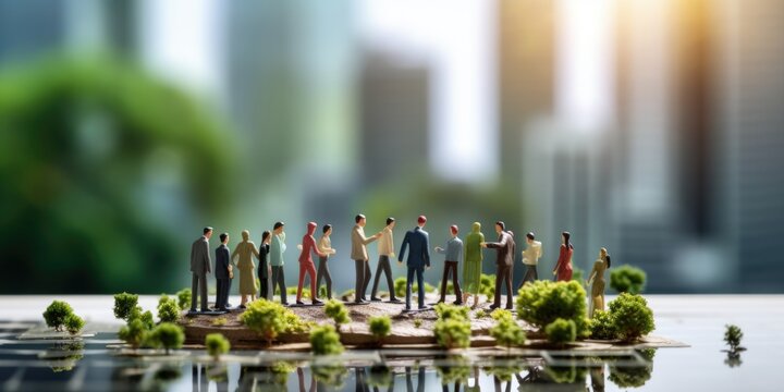 A group of miniature people standing on top of a piece of wood. Perfect for illustrating teamwork, leadership, or unique perspectives.
