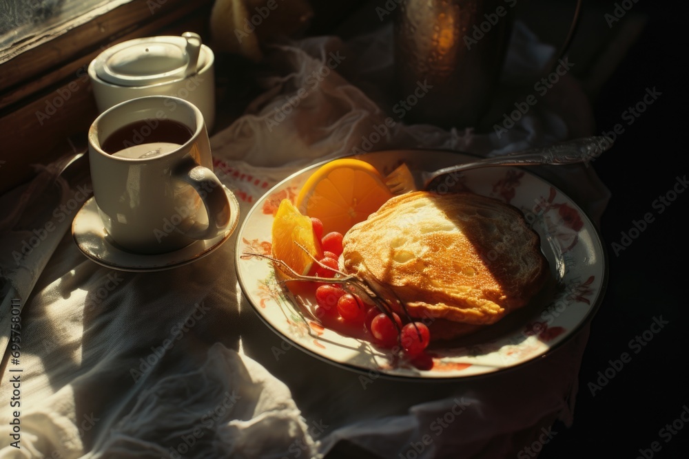 Poster a picture of a plate of food and a cup of coffee placed on a table. suitable for various food and be