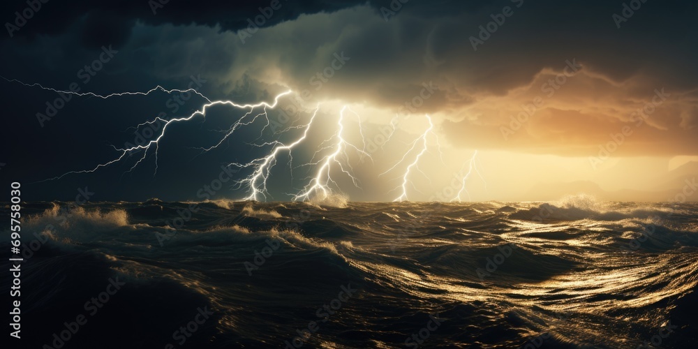 Leinwandbilder a powerful lightning storm is seen approaching the ocean, creating an intense and dramatic atmospher