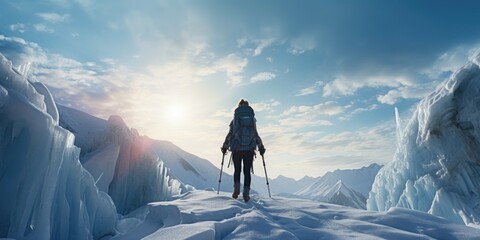 A person standing on top of a snow covered mountain. Perfect for outdoor adventure and winter...