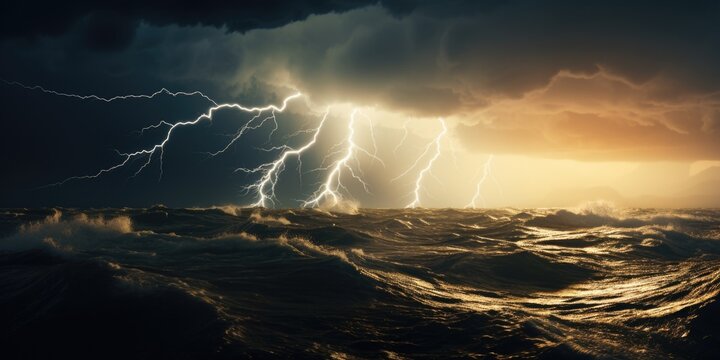 A powerful lightning storm is seen approaching the ocean, creating an intense and dramatic atmosphere. This image can be used to depict the raw power of nature and the imminent arrival of a storm.