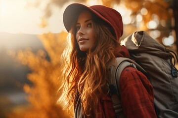 A woman wearing a red hat and carrying a backpack - obrazy, fototapety, plakaty